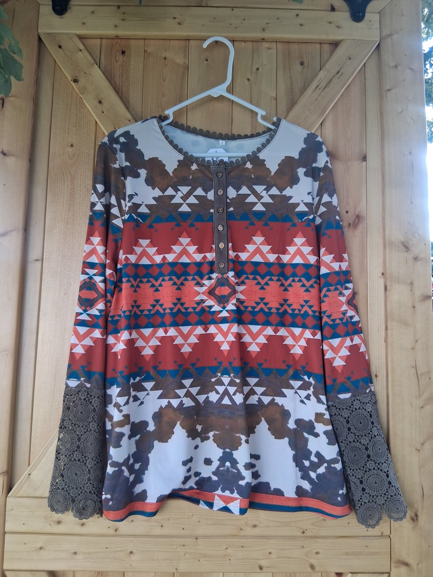 Aztec Long Sleeve Top with lace sleeve detail
