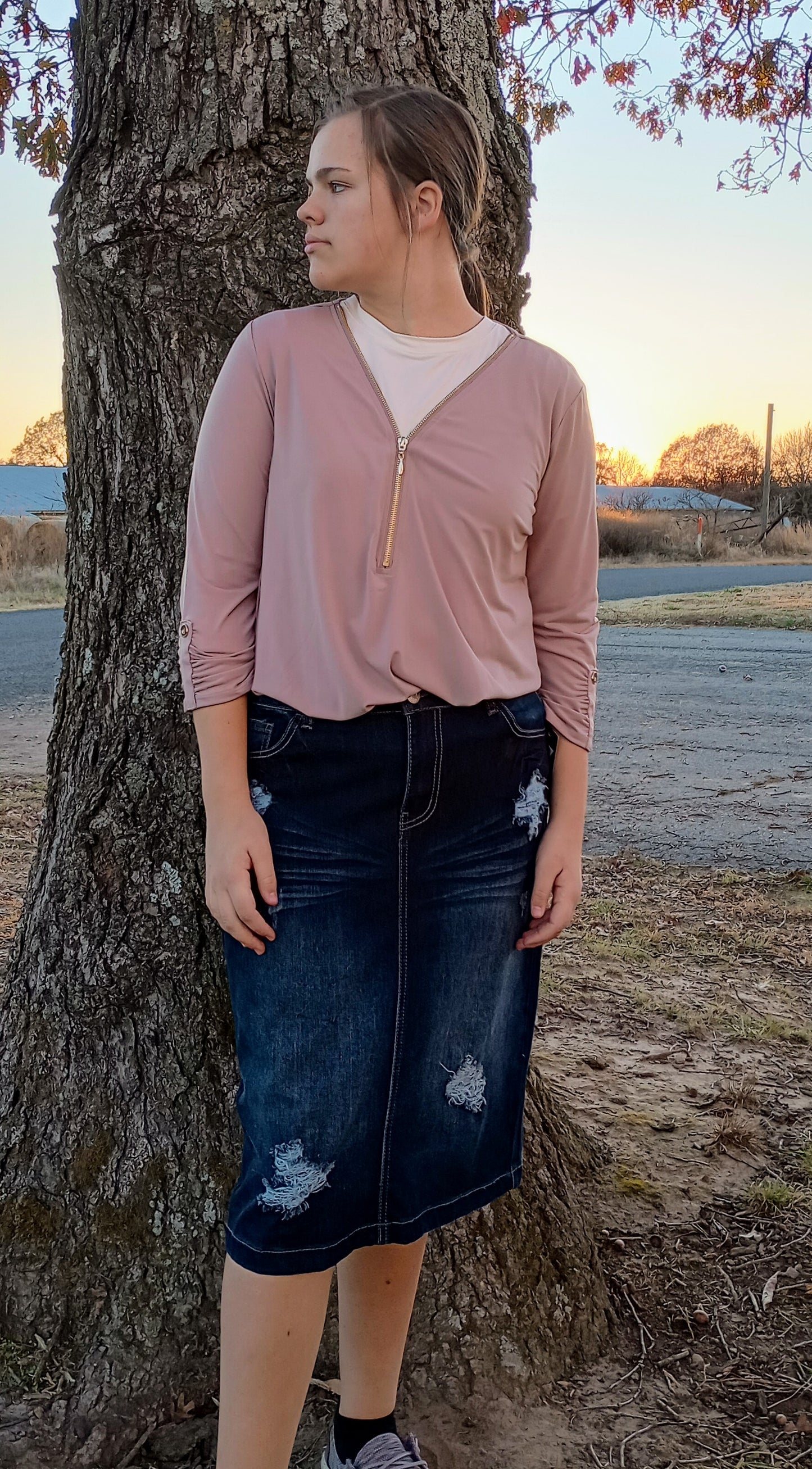 Tan 3/4 Sleeve Zipper Top