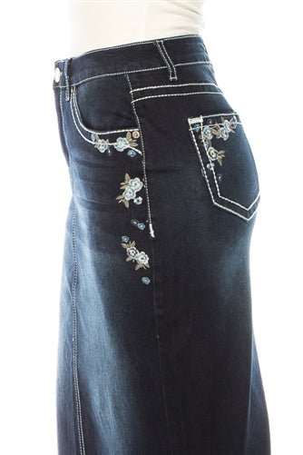 Dark Denim Skirt with Flowers