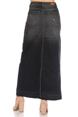 38" Distressed Black Wash Denim Skirt with Split
