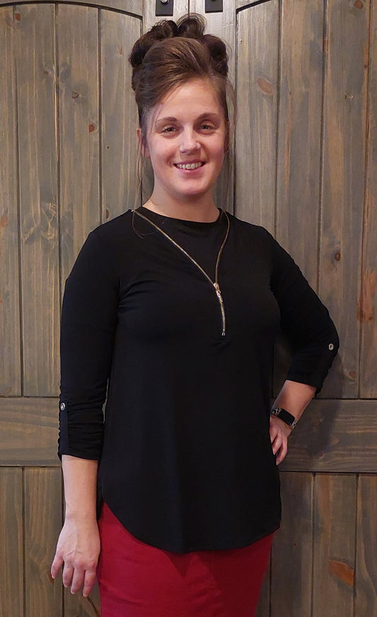 Black 3/4 Sleeve Zipper Top