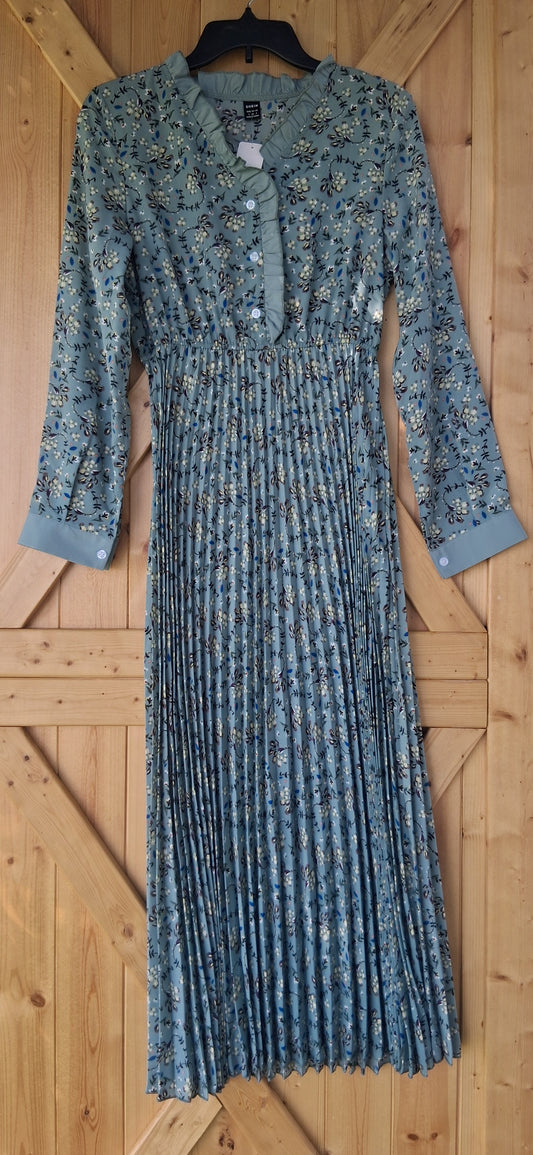 Mint Green Floral Midi Dress with Pleated Skirt