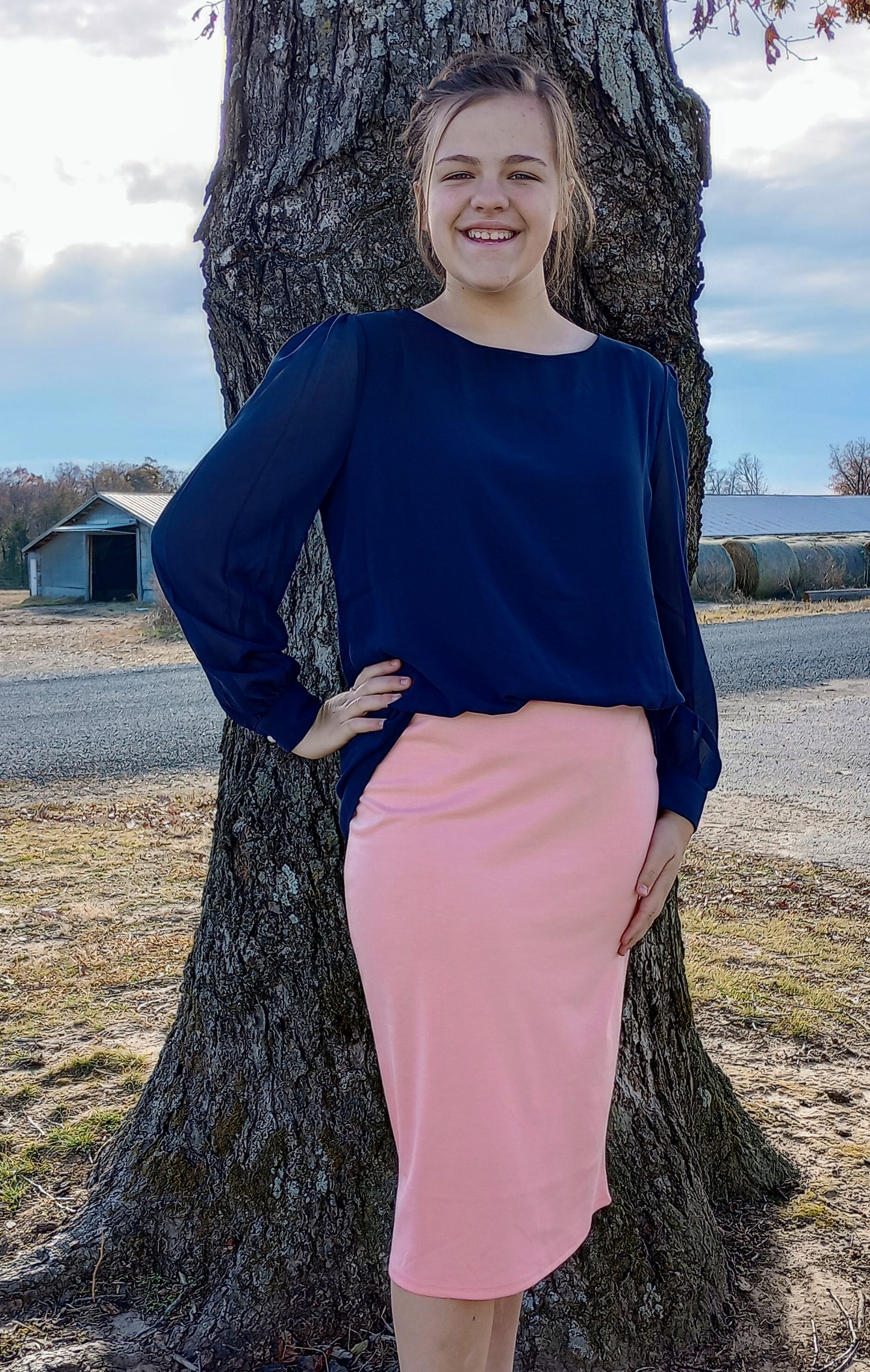 Navy Dressy Pearl Button Top