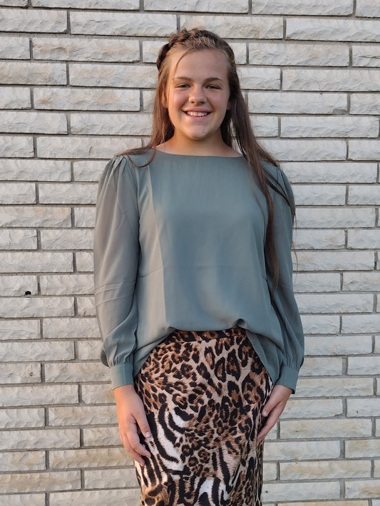 Sage Green Dressy Pearl Button Top
