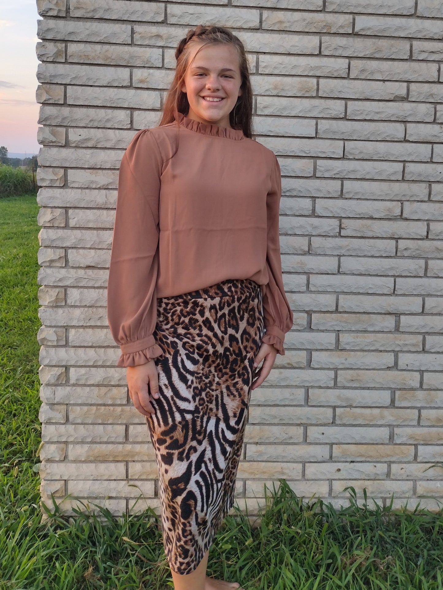 Tan Dressy Pearl Button Top