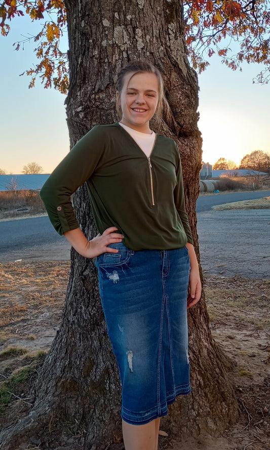 Olive Green 3/4 Sleeve Zipper Top