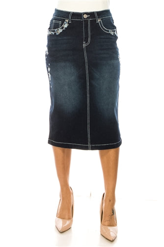 Dark Denim Skirt with Flowers