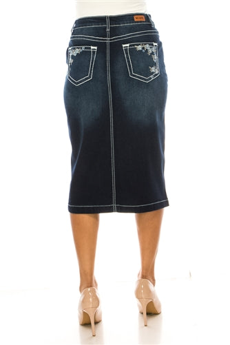 Dark Denim Skirt with Flowers