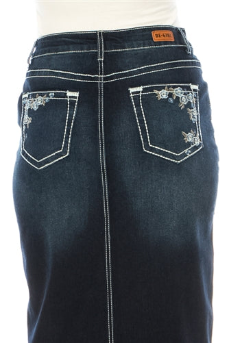 Dark Denim Skirt with Flowers