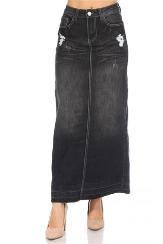 38" Distressed Black Wash Denim Skirt with Split