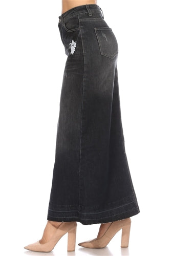 38" Distressed Black Wash Denim Skirt with Split