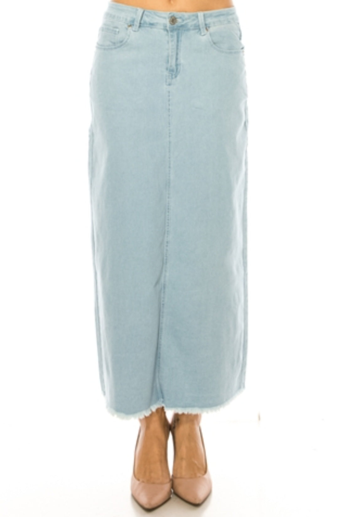 37" Light Wash Denim Maxi with White Stitching