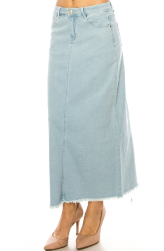 37" Light Wash Denim Maxi with White Stitching